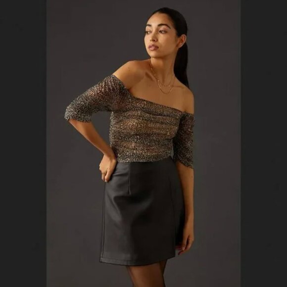 By Anthropologie‎ Shirred Leopard Print Mesh Top Women's XS Animal  Ruch… - Picture 3 of 8